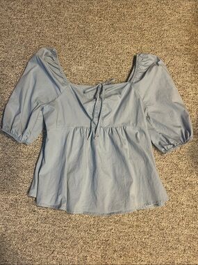 Women's Light Blue Puff Sleeve Square-Neck Blouse